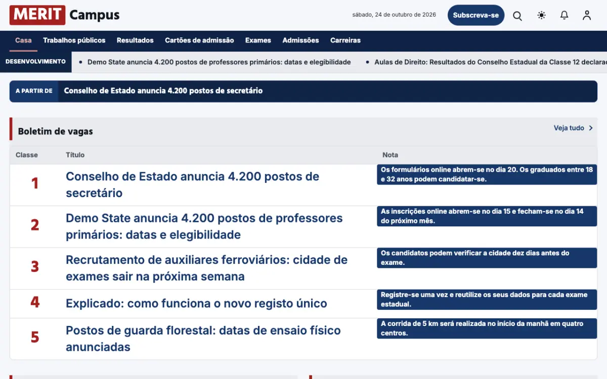 Merit — modelo de site de Notícias de Educação, visualização em desktop