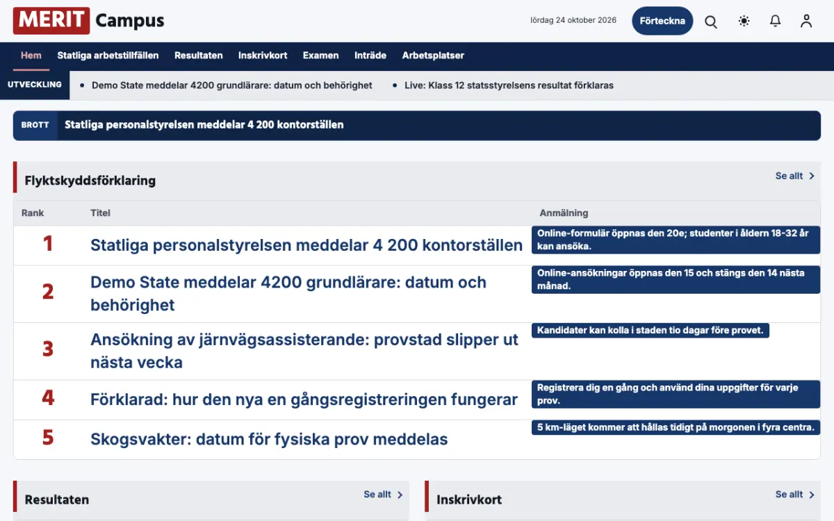Merit – webbplatsmall för Utbildning News, skrivbordsvy