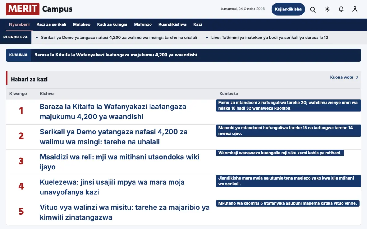 Merit – kiolezo cha tovuti ya Elimu News, mwonekano wa kompyuta