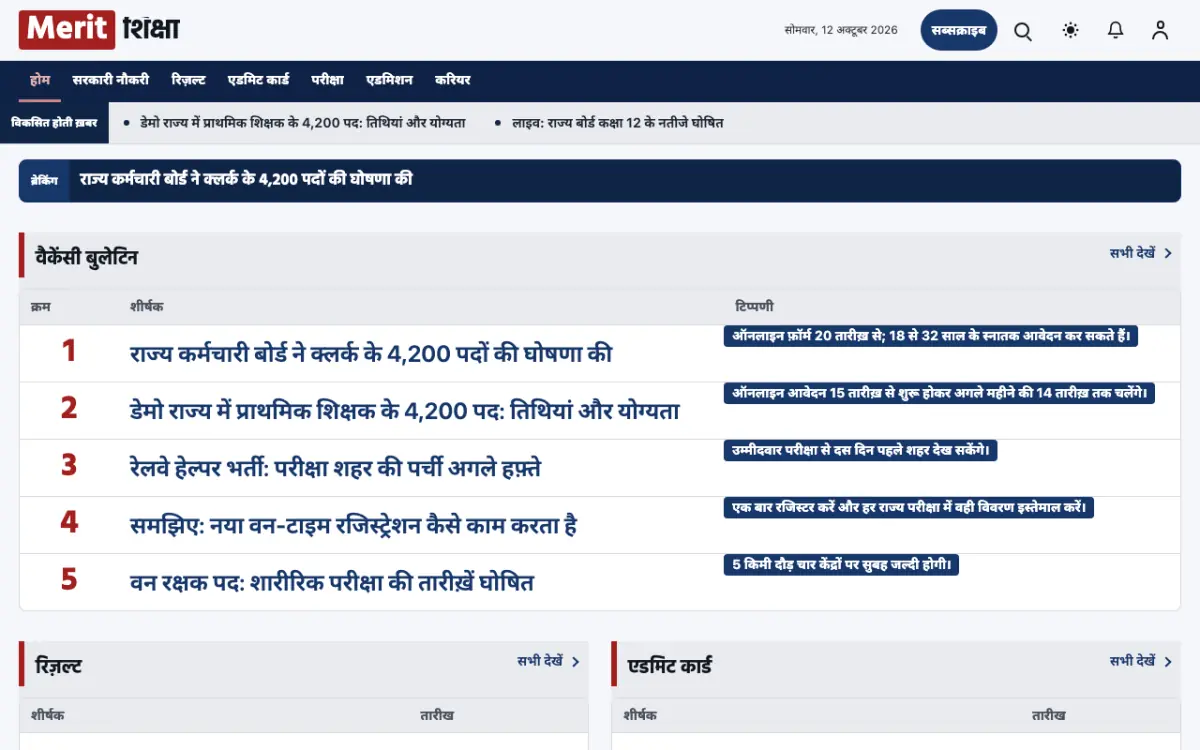 Merit — Education News website template, desktop view