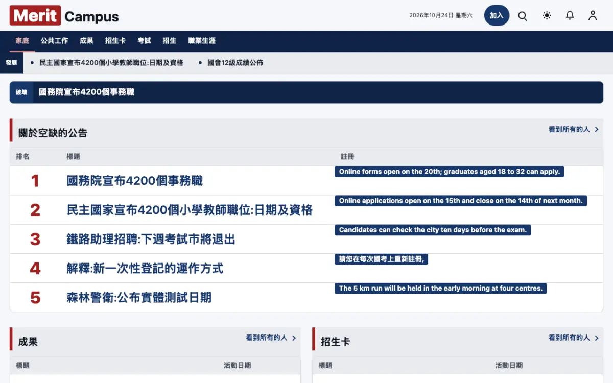 Merit — 教育新聞網站範本，桌面版預覽