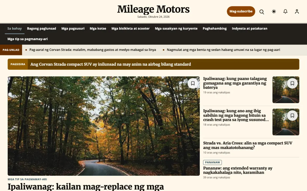 Mileage — template ng website na Balitang Sasakyan, tanaw sa desktop