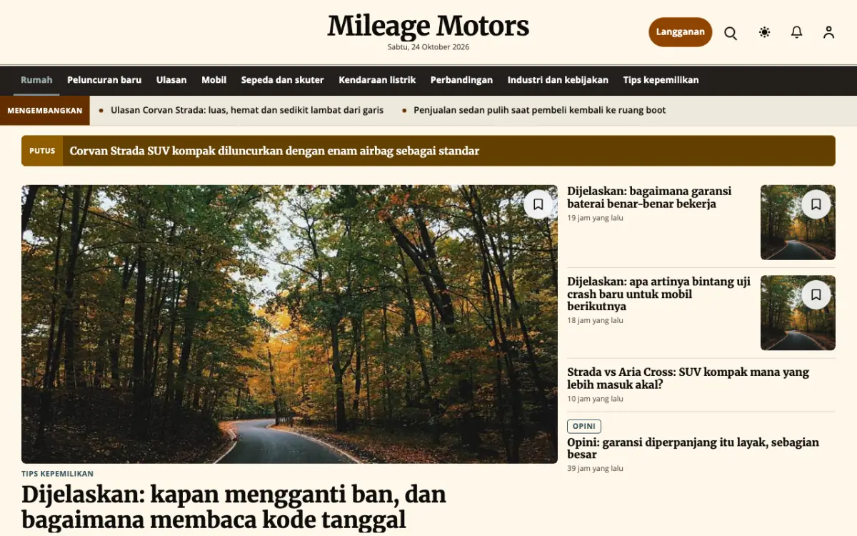 Mileage — template situs Berita Otomotif, tampilan desktop