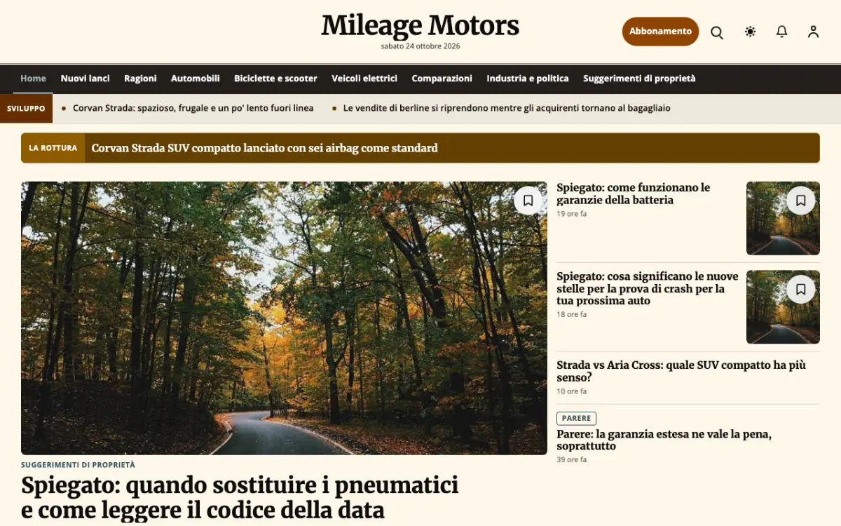 Mileage – template di sito per News Motori, vista desktop