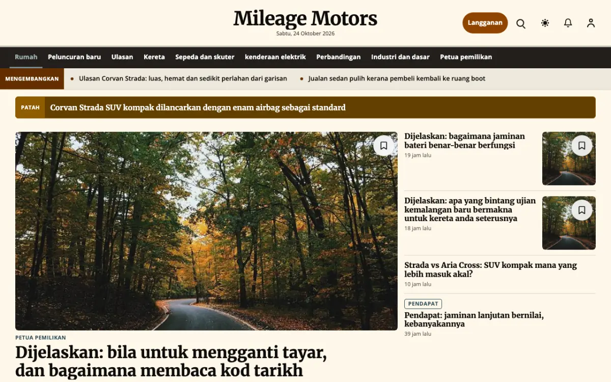 Mileage — templat laman web Berita Automotif, paparan desktop
