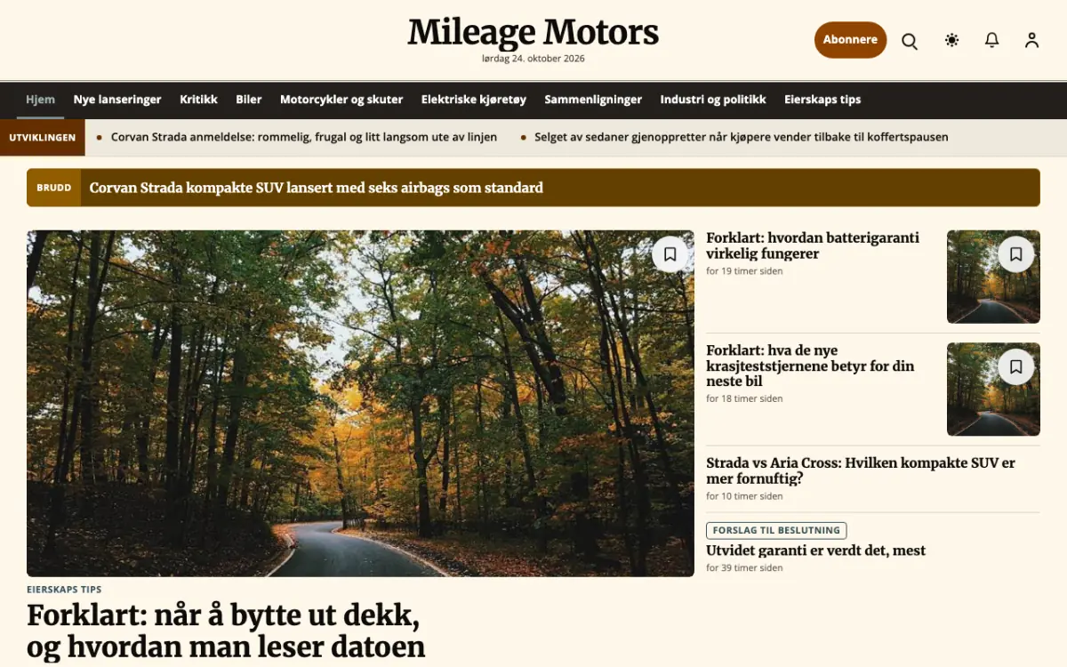 Mileage – nettstedmal for Bil News, skrivebordsvisning