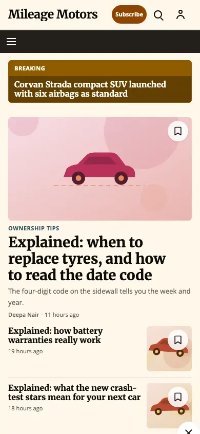 Mileage — Automotive News app, phone view