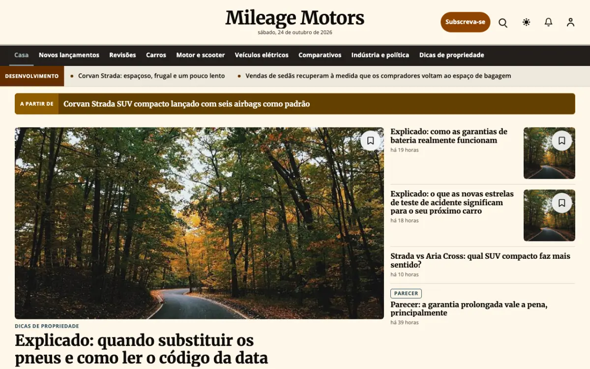 Mileage — modelo de site de Notícias de Automotivo, visualização em desktop