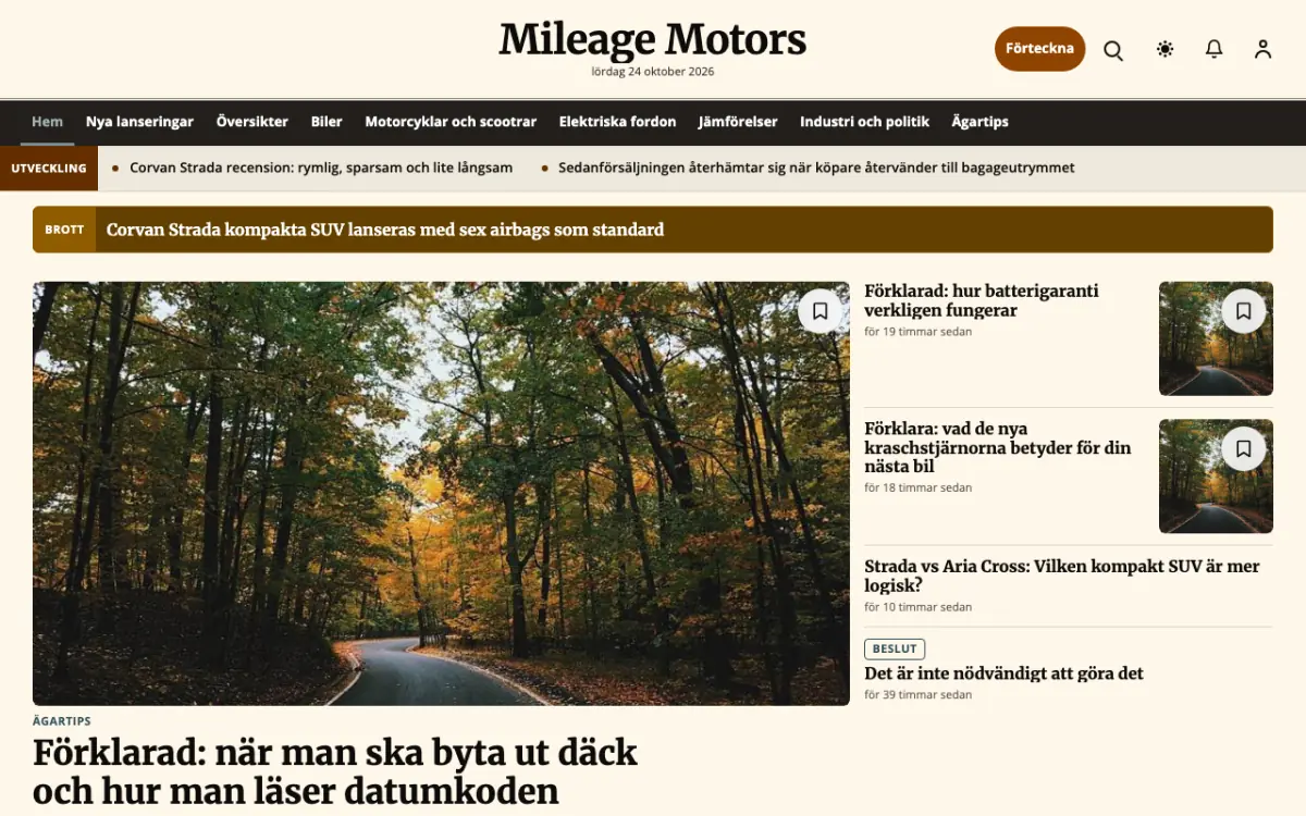 Mileage – webbplatsmall för Fordon News, skrivbordsvy
