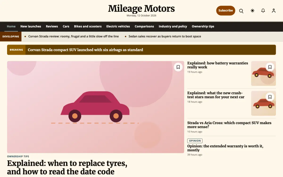 Mileage — Automotive News website template, desktop view