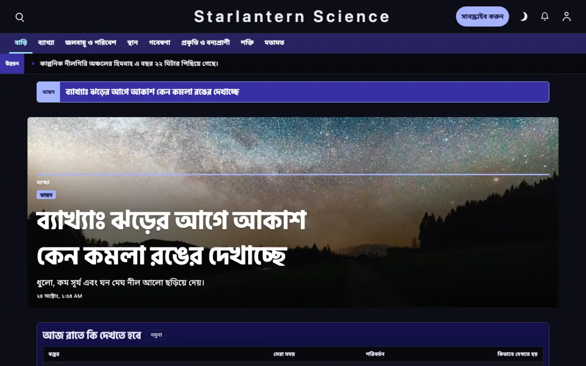 Starlantern — বিজ্ঞান সংবাদ ওয়েবসাইট টেমপ্লেট, ডেস্কটপ ভিউ