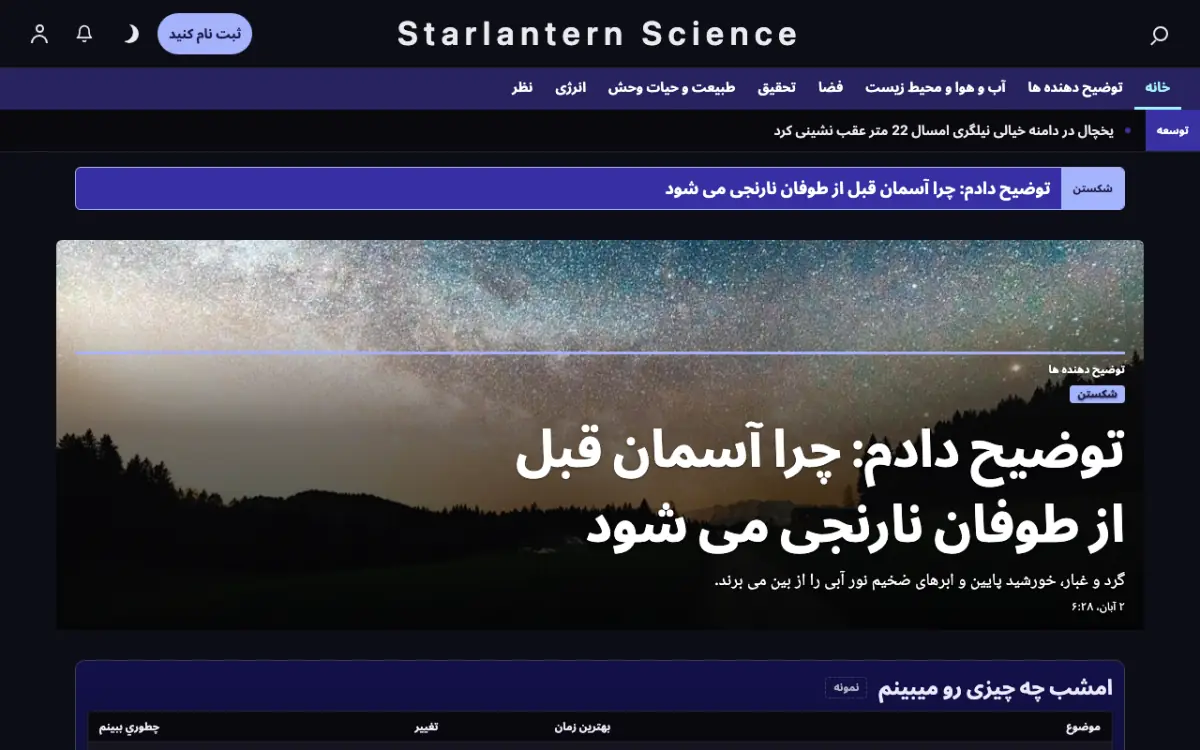 Starlantern — قالب وب‌سایت اخبار علمی، نمای دسکتاپ