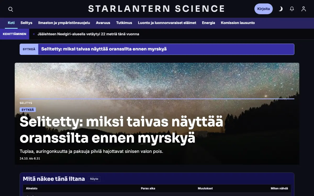 Starlantern – verkkosivumalli (Tiede News), työpöytänäkymä