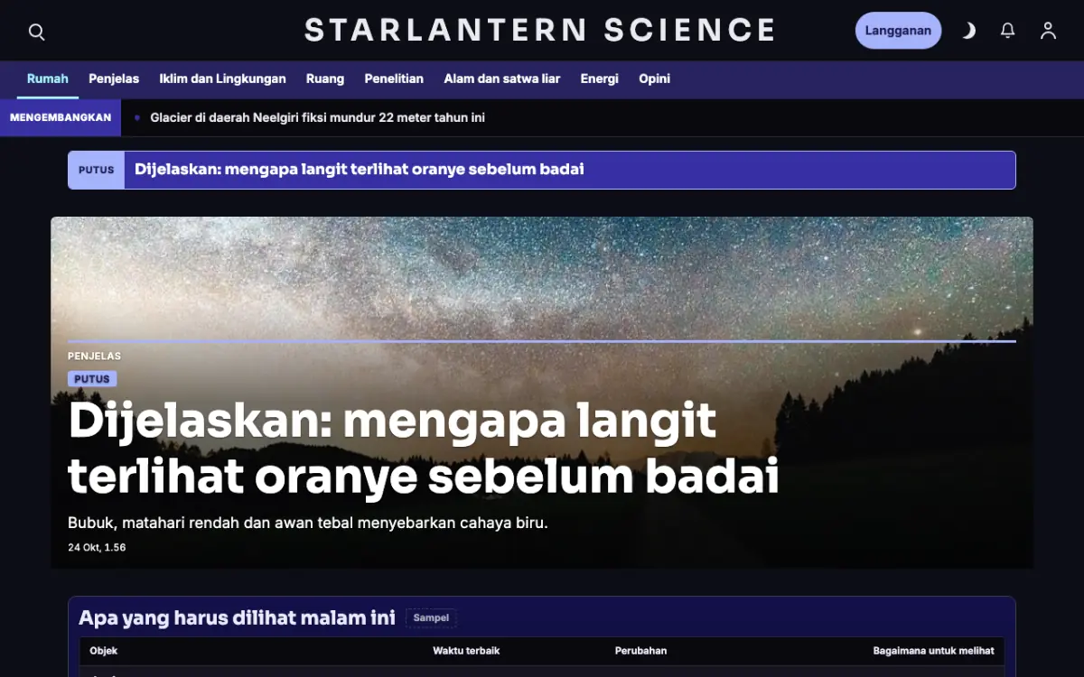Starlantern — template situs Berita Sains, tampilan desktop