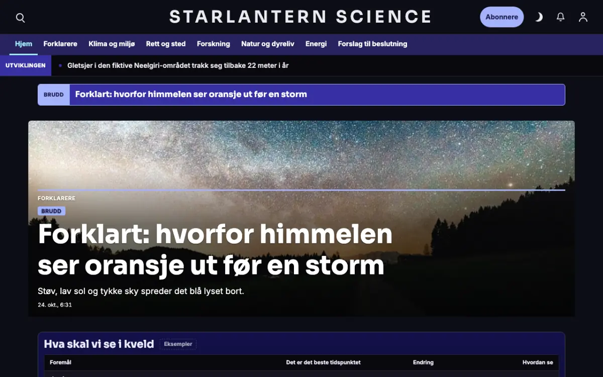 Starlantern – nettstedmal for Vitenskap News, skrivebordsvisning