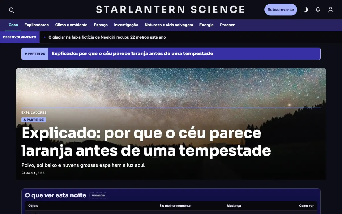 Starlantern — modelo de site de Notícias de Ciência, visualização em desktop