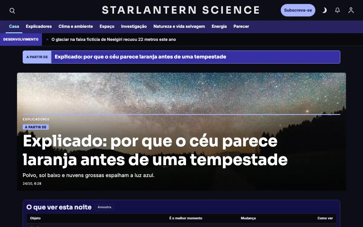 Starlantern — modelo de site de Notícias de Ciência, vista em computador