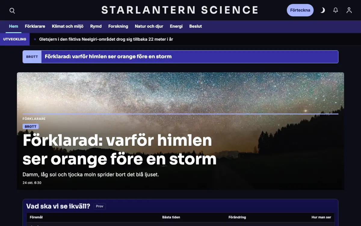 Starlantern – webbplatsmall för Vetenskap News, skrivbordsvy
