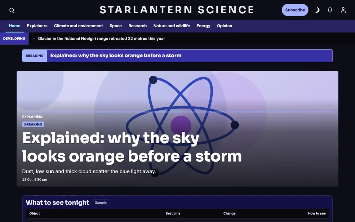 Starlantern — Science News website template, desktop view