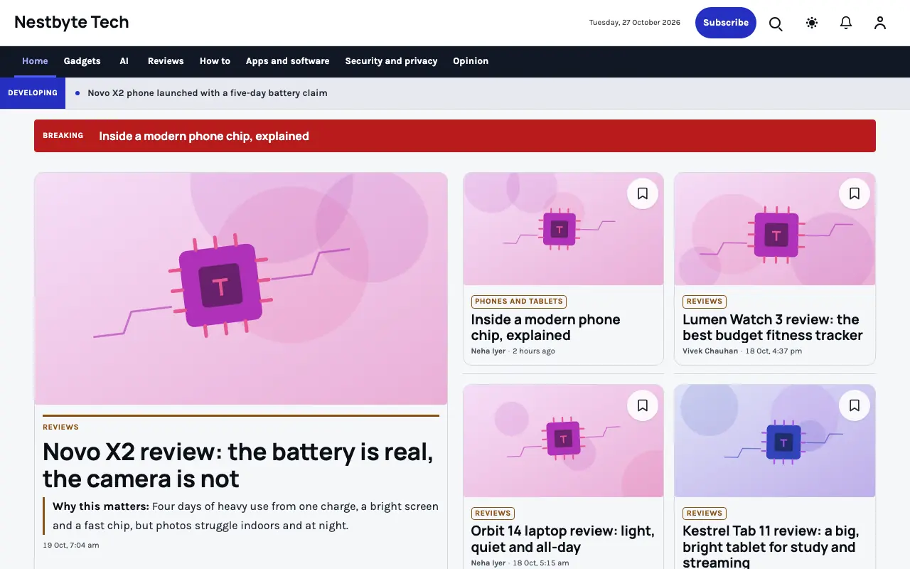 Nestbyte — Technology News website template, full desktop view