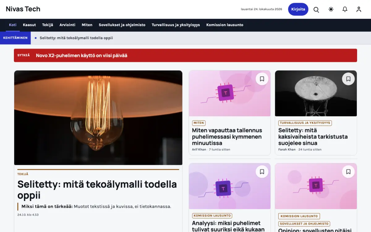 Nestbyte – verkkosivumalli (Teknologia News), työpöytänäkymä