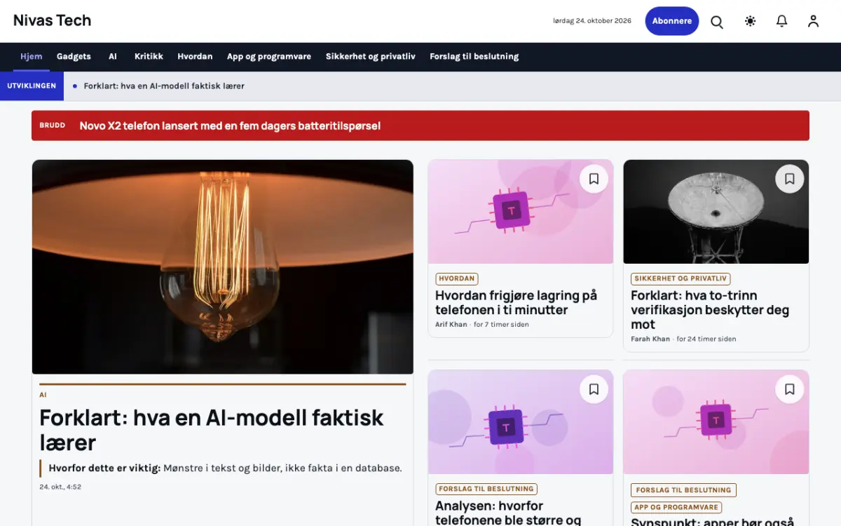 Nestbyte – nettstedmal for Teknologi News, skrivebordsvisning