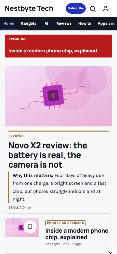 Nestbyte — Technology News app, phone view