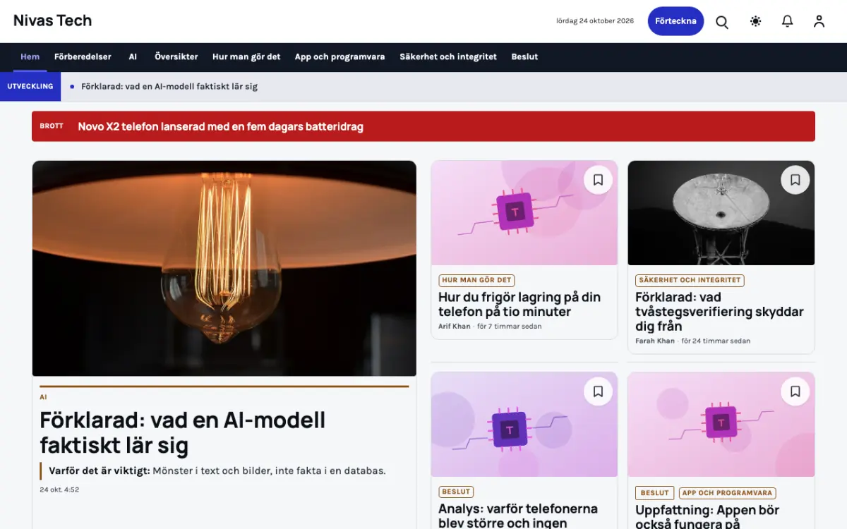 Nestbyte – webbplatsmall för Teknik News, skrivbordsvy