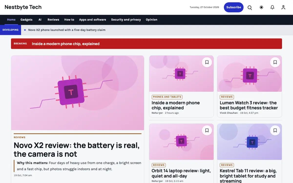 Nestbyte — Technology News website template, desktop view