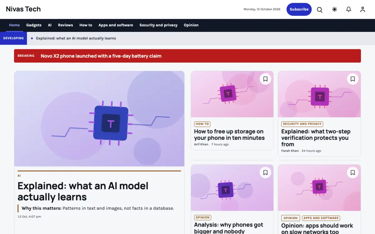 Nestbyte — Technology News website template, desktop view
