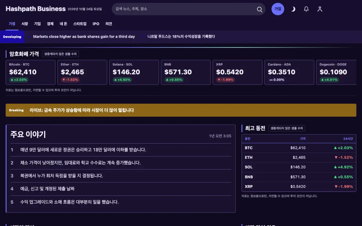 Hashpath — 비즈니스 뉴스 웹사이트 템플릿, 데스크톱 화면
