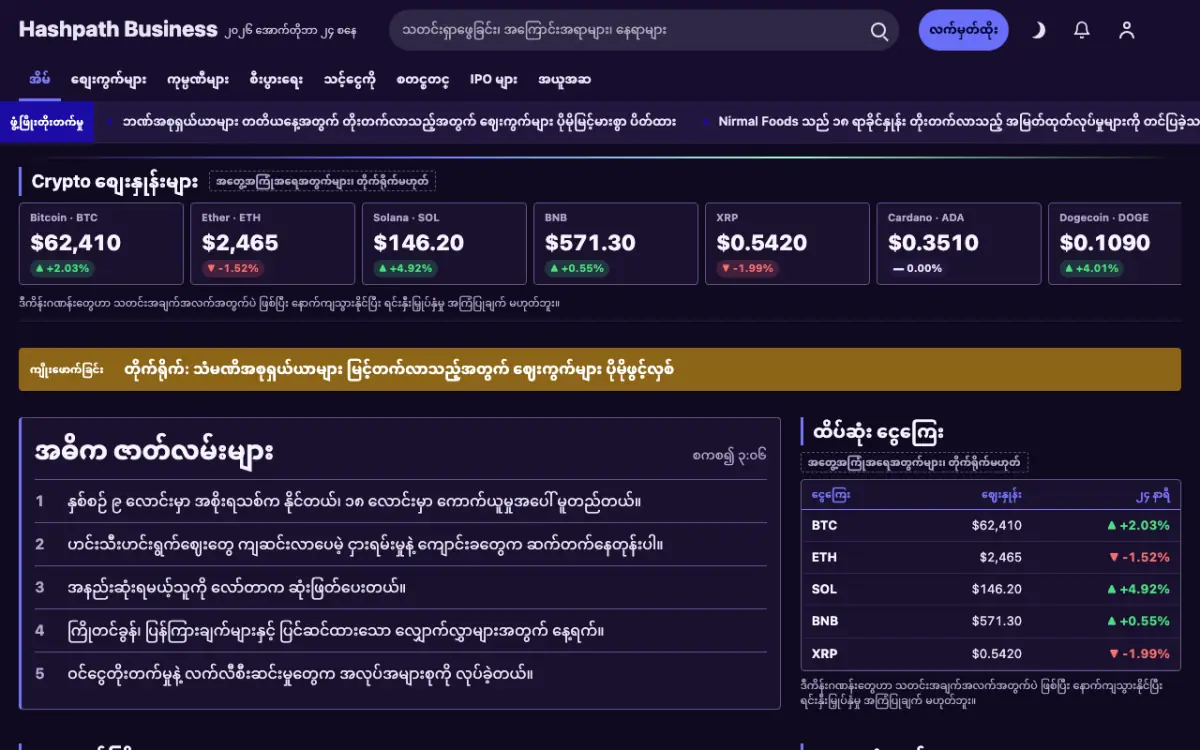 Hashpath — စီးပွားရေး သတင်း ဝက်ဘ်ဆိုက်ပုံစံ၊ ကွန်ပျူတာမြင်ကွင်း