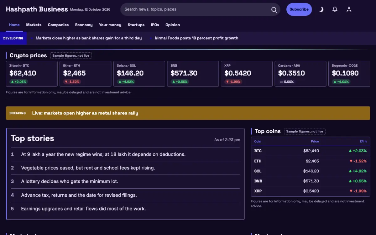 Hashpath — Business News website template, desktop view