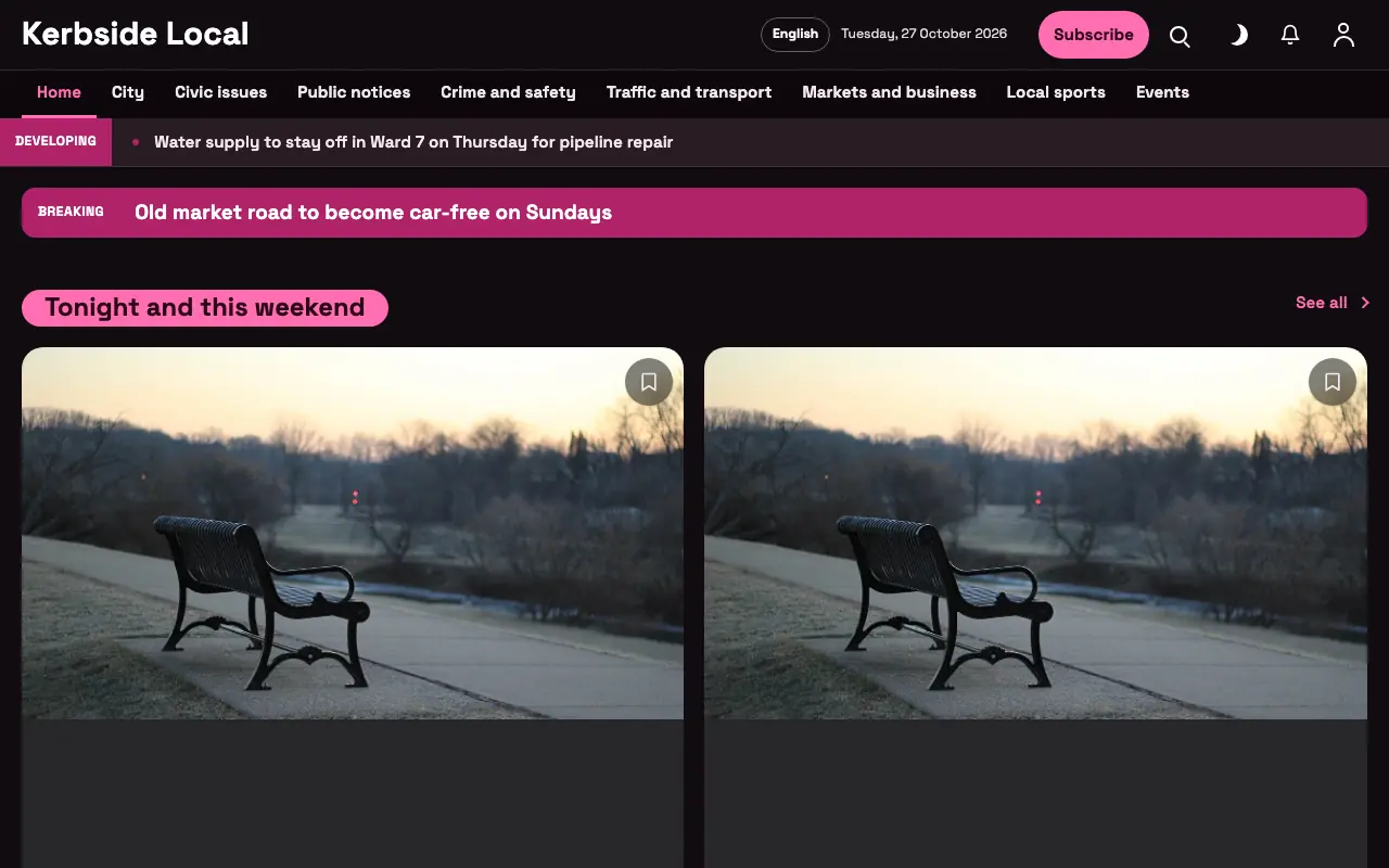 Kerbside — Local News website template, full desktop view