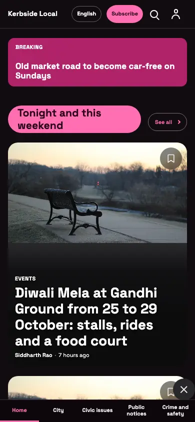 Kerbside — Local News app, phone view