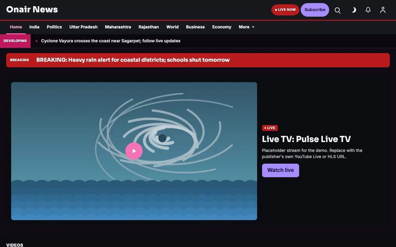 Onair — General News website template, full desktop view