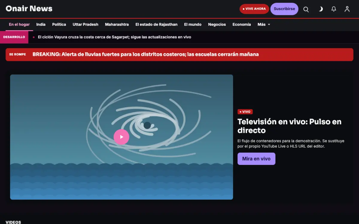 Onair — plantilla de sitio web de Noticias de Generales, vista de escritorio