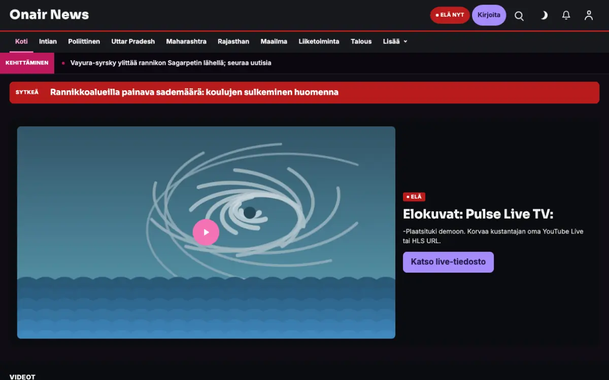 Onair – verkkosivumalli (Yleiset News), työpöytänäkymä