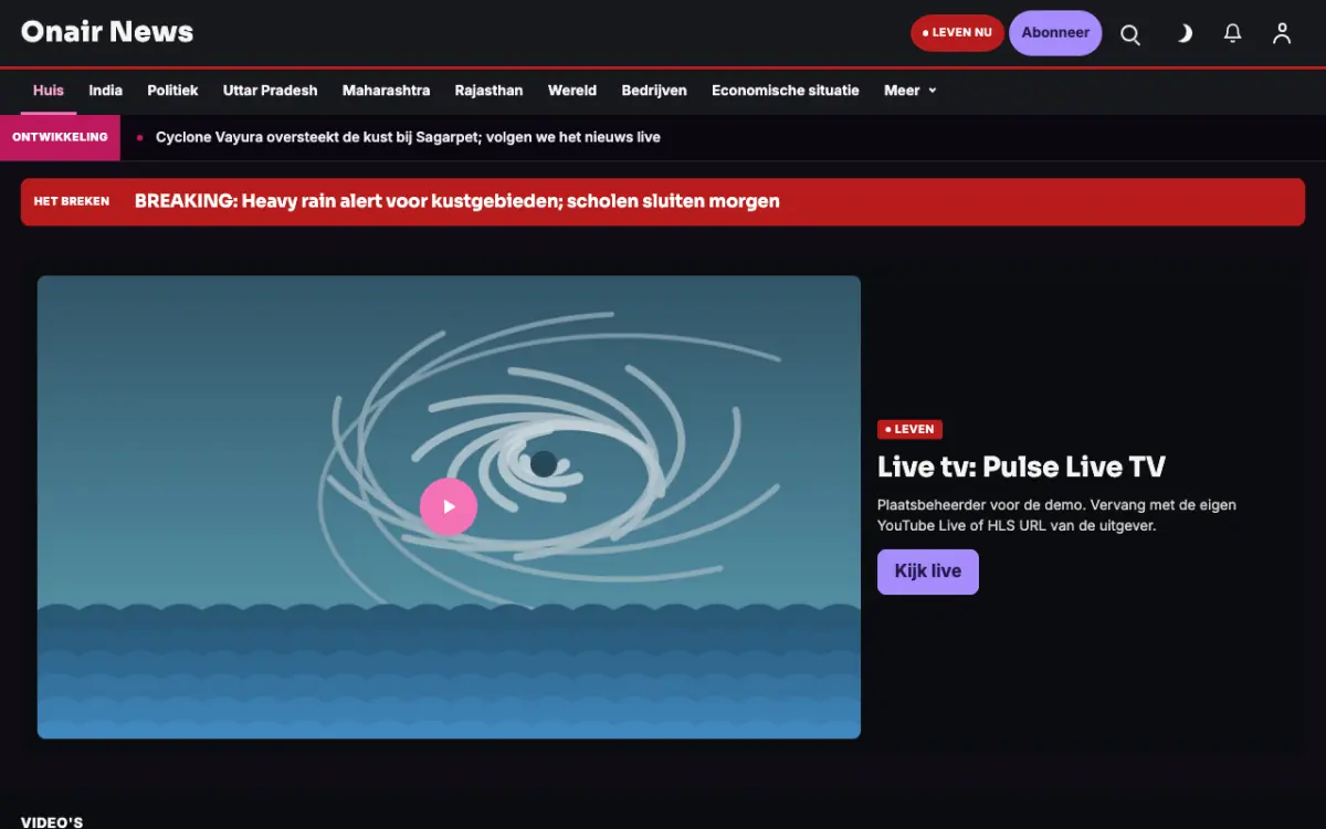 Onair – websitetemplate voor Algemeennieuws, desktopweergave