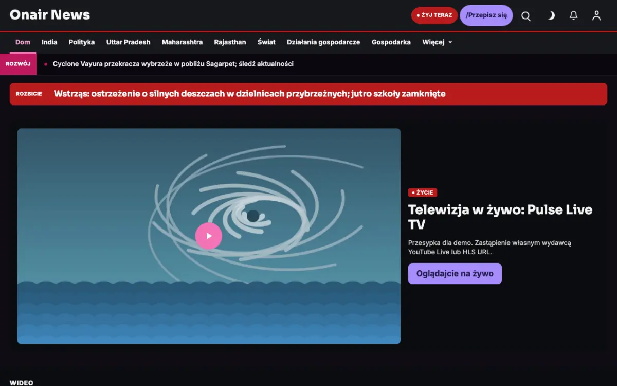 Onair – szablon strony (Ogólne: wiadomości), widok na komputerze