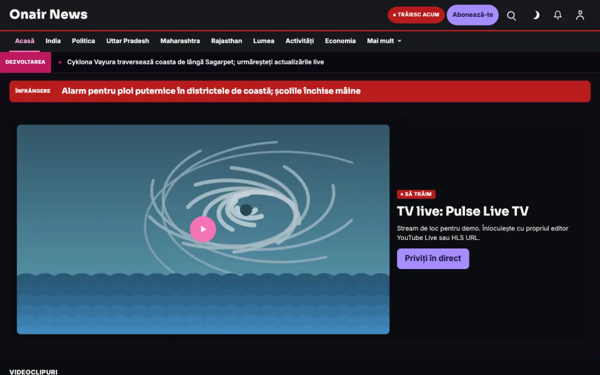 Onair – șablon de site pentru Știri Generale, vedere pe desktop