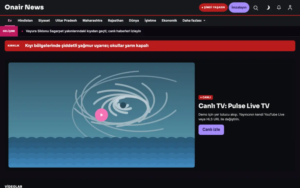 Onair — Genel Haberleri web sitesi şablonu, masaüstü görünümü