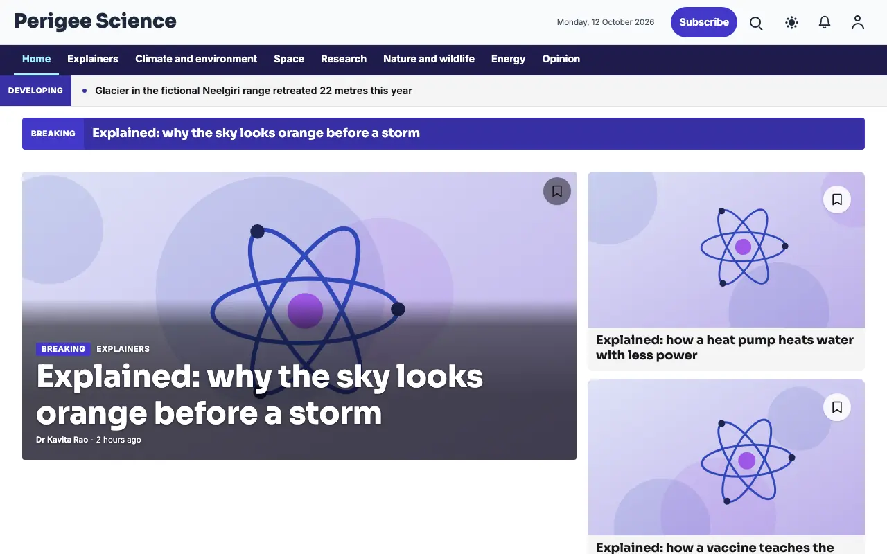 Perigee — Science News website template, full desktop view