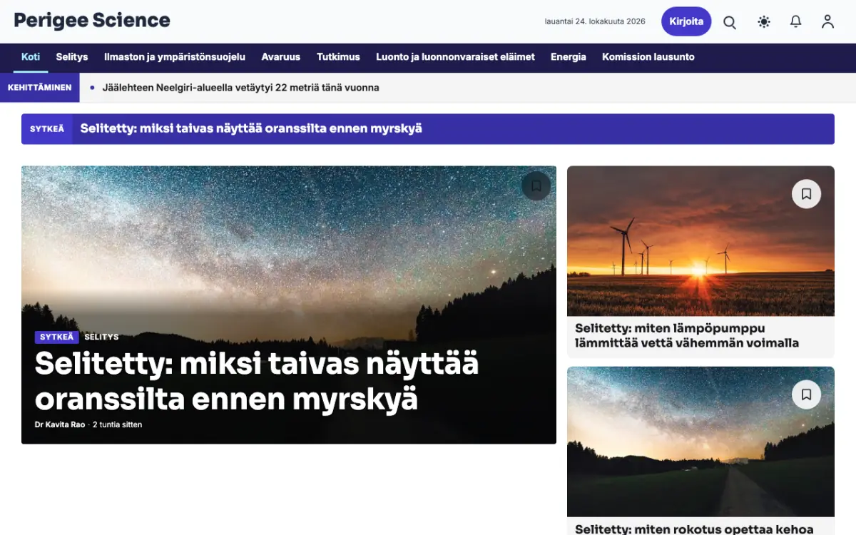 Perigee – verkkosivumalli (Tiede News), työpöytänäkymä