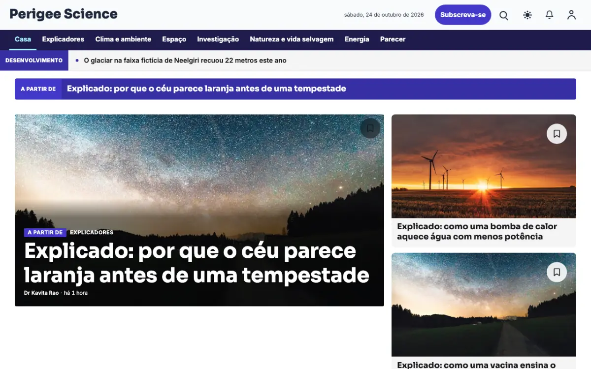 Perigee — modelo de site de Notícias de Ciência, visualização em desktop