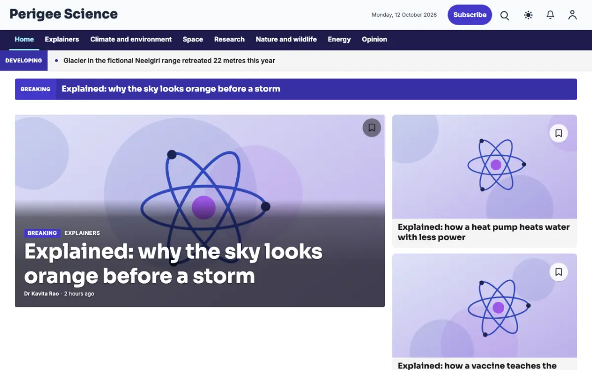 Perigee — Science News website template, desktop view