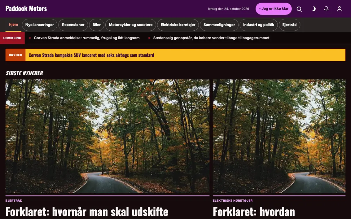Paddock – hjemmesideskabelon til Biler News, skrivebordsvisning