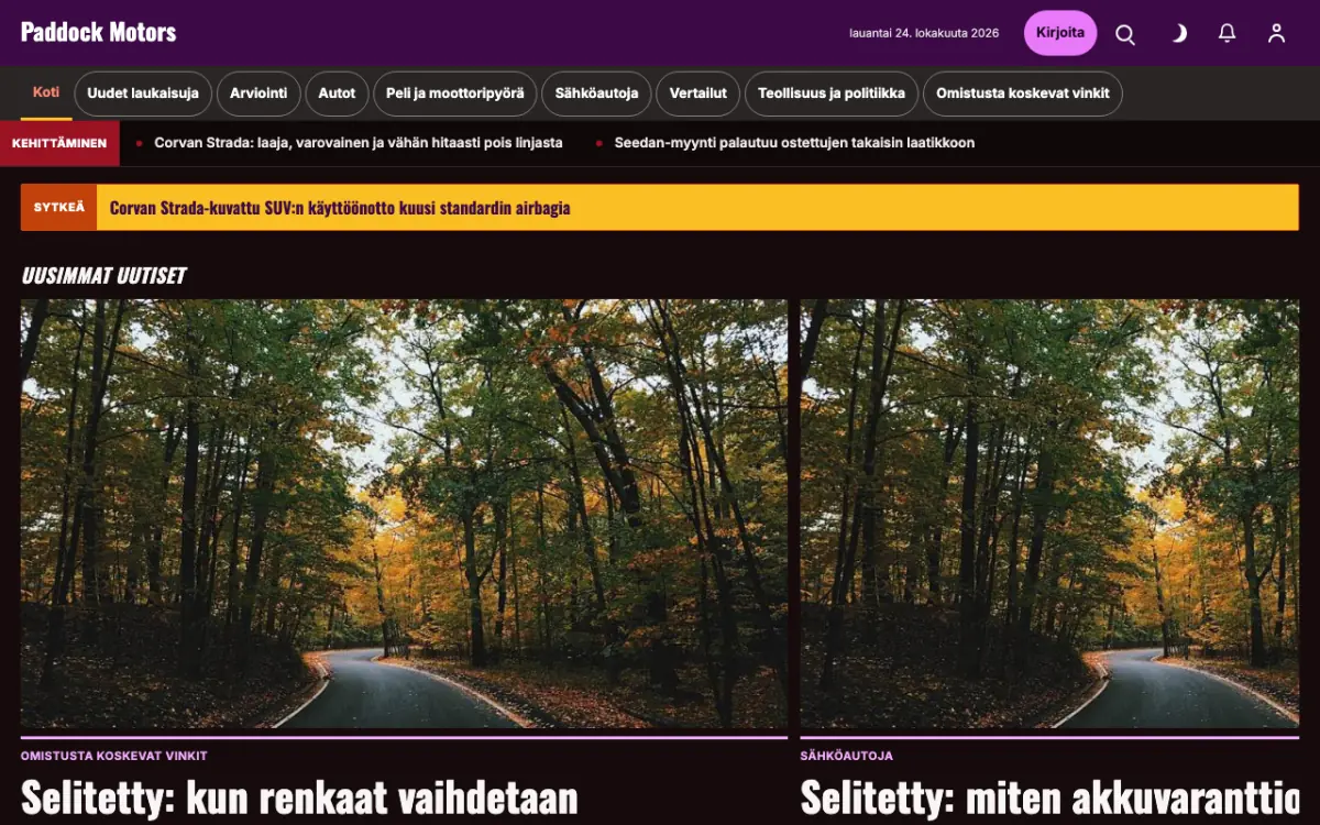 Paddock – verkkosivumalli (Autot News), työpöytänäkymä