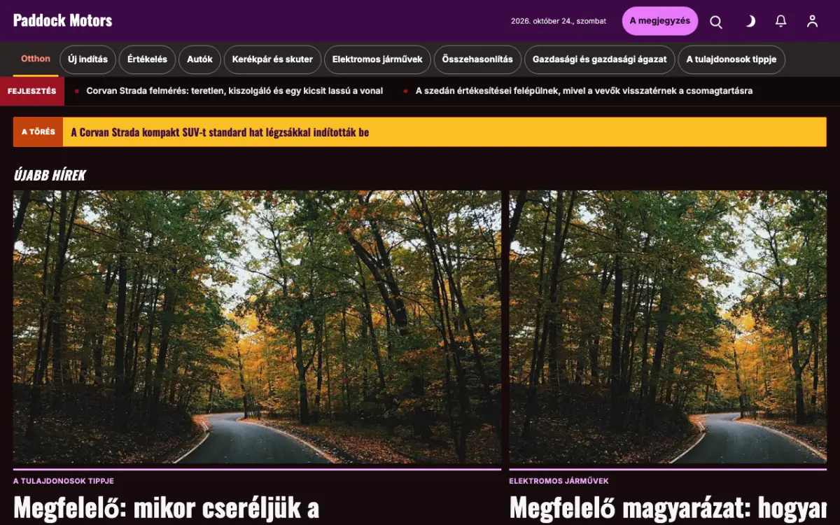 Paddock — Autó: hírek weboldalsablon, asztali nézet