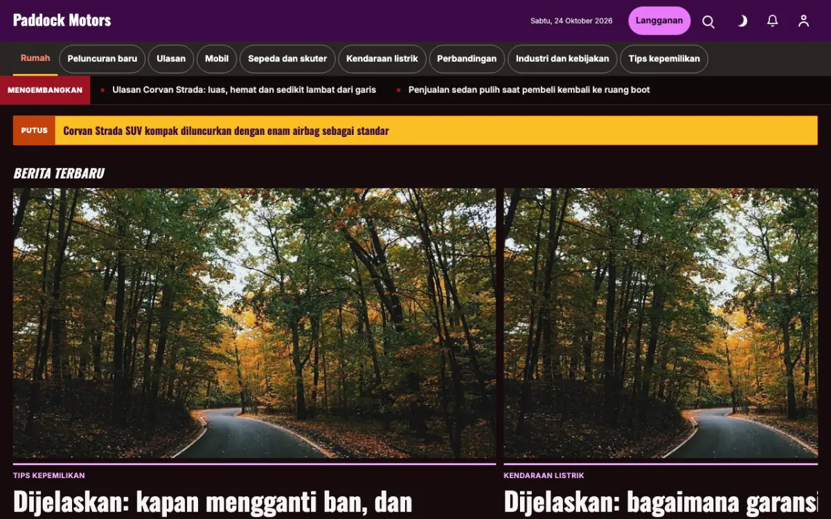 Paddock — template situs Berita Otomotif, tampilan desktop